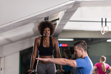 Image showing black woman doing parallel bars Exercise with trainer