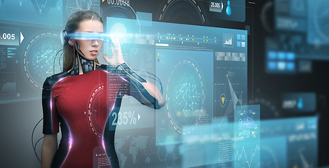 Image showing woman in virtual reality glasses and microchip