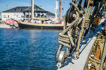 Image showing Ropes and rigging on an old sailboat, shallow depth of field