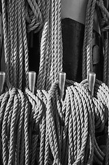 Image showing The ropes braided in bays on an ancient sailing vessel