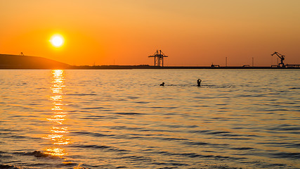 Image showing Couple bathing at sunset in the sea