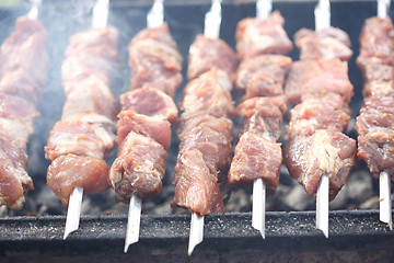 Image showing Grilling marinated shashlik on a grill. Shish kebab popular in Eastern, Central Europe and other places. 