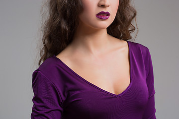 Image showing Seductive decollete concept. Profile portrait of beautiful young woman. Perfect natural make-up.