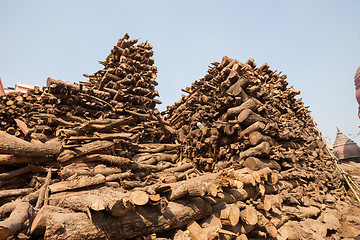 Image showing Wood stacked for burning at Manikarnika Ghat