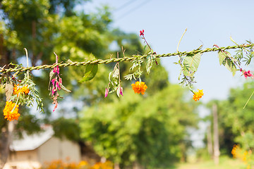 Image showing Flower and grass garlands for Tihar in Nepal