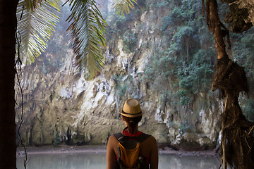 Image showing Girl in hat among mountains