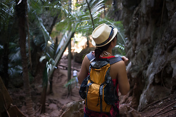 Image showing Brunette in hat among palms