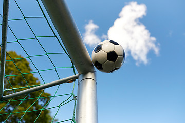 Image showing soccer ball flying into football goal net over sky