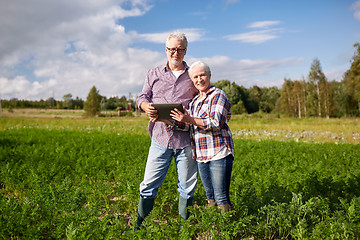 Image showing happy senior couple with tablet pc at summer farm