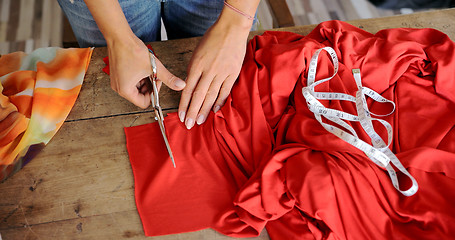 Image showing Crop female cutting fabric