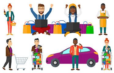 Image showing Vector set of shopping people characters.