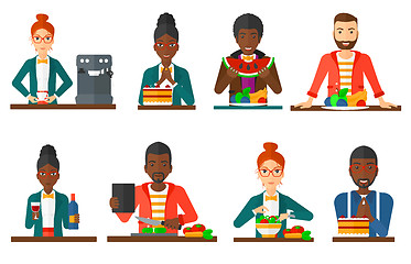 Image showing Vector set of people eating and drinking.