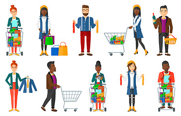 Image showing Vector set of shopping people characters.