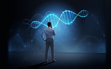 Image showing businessman looking at virtual dna molecule