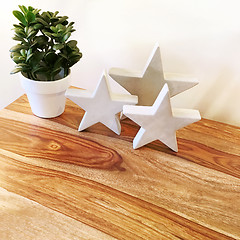 Image showing Decorative concrete stars and green plant on a table
