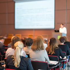 Image showing Speaker giving presentation on business conference.