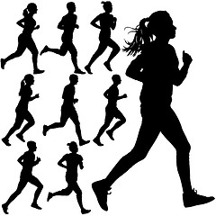 Image showing Set of silhouettes. Runners on sprint, men and woman