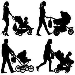 Image showing Set black silhouettes Family with pram on white background. illustration