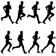 Image showing Set of silhouettes. Runners on sprint, men and woman