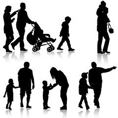 Image showing Set black silhouettes Family with pram on white background. illustration