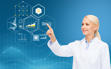 Image showing doctor pointing finger to virtual chart over blue