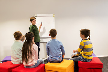 Image showing student boy with marker writing on flip board