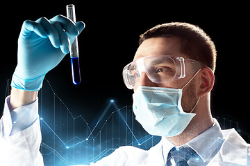 Image showing scientist with safety glasses, mask and test tube