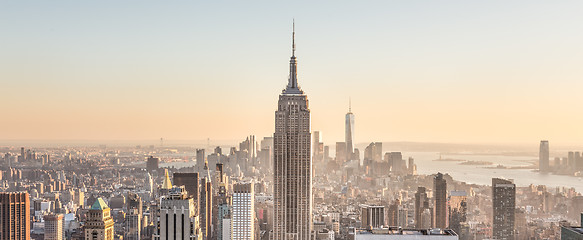 Image showing New York City Manhattan downtown skyline at sunset.