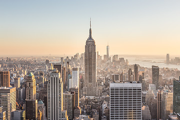 Image showing New York City Manhattan downtown skyline at sunset.