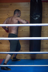 Image showing kick boxer training on a punching bag