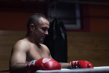 Image showing kick boxer resting on the ropes in the corner