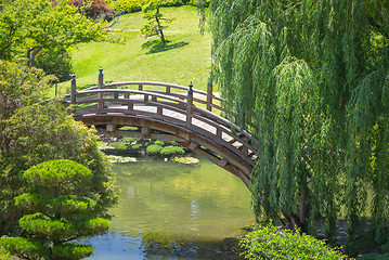 Image showing Beautiful Japanese Garden with Pond and Bridge.