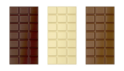 Image showing White, brown and dark chocolate bars