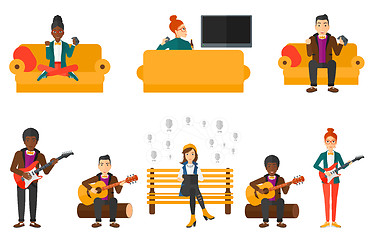 Image showing Vector set of musicians and people gaming.