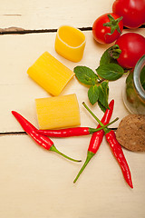 Image showing Italian pasta paccheri with tomato mint and chili pepper