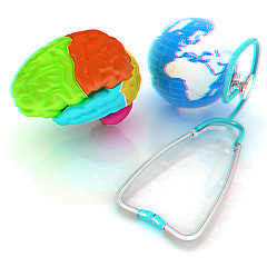 Image showing stethoscope, globe, brain - global medical concept. 3d illustrat