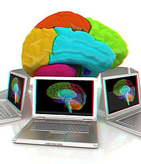 Image showing Computers connected to central brain. 3d render. Anaglyph. View 