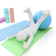 Image showing 3d man on a karemat with fitness ball. 3D illustration. Anaglyph