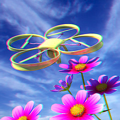 Image showing Drone, quadrocopter, with photo camera against the sky and Beaut