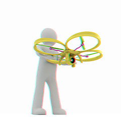 Image showing 3d man with drone, quadrocopter, with photo camera. 3d render. 3