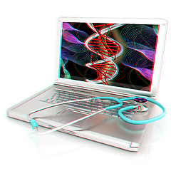 Image showing silver laptop diagnosis with stethoscope. 3D illustration. Anagl