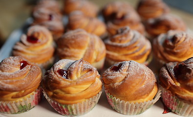 Image showing  Muffins fresh pastry on baking sheet