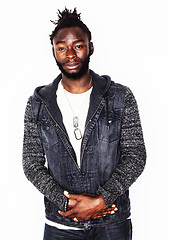 Image showing young handsome african american boy smiling emotional isolated on white background, in motion gesturing smiling, lifestyle people concept 