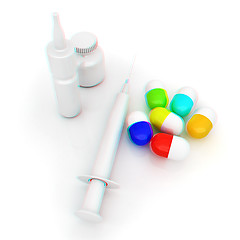 Image showing Syringe, tablet, pill jar. 3D illustration. Anaglyph. View with 