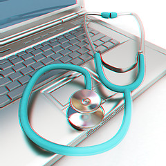 Image showing silver laptop diagnosis with stethoscope. 3D illustration. Anagl