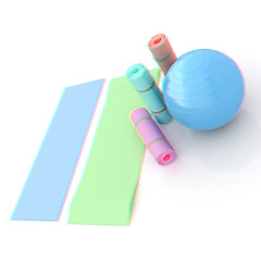 Image showing karemat and fitness ball. 3D illustration. Anaglyph. View with r