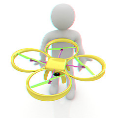 Image showing 3d man with drone, quadrocopter, with photo camera. 3d render. 3