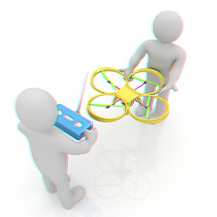 Image showing 3d man with drone, quadrocopter, with photo camera. 3d render. 3