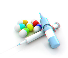 Image showing Syringe, tablet, pill jar. 3D illustration. Anaglyph. View with 