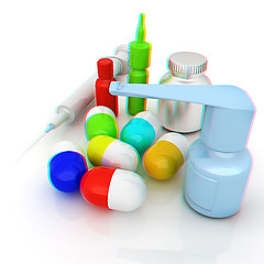 Image showing Syringe, tablet, pill jar. 3D illustration. Anaglyph. View with 